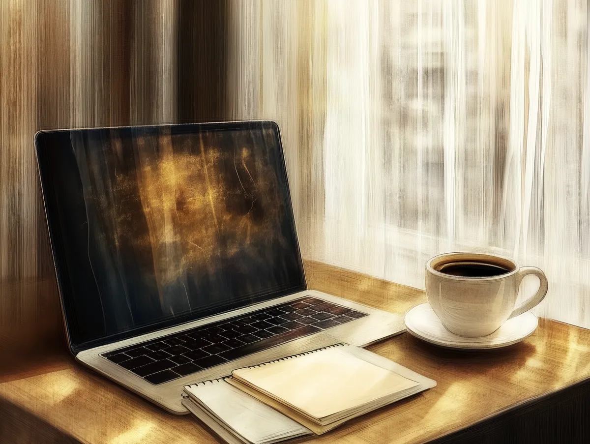 A laptop with a dark screen sits on a wooden desk next to a white coffee cup and saucer, with a spiral notebook nearby. Natural light streams through sheer curtains in the background, creating a warm, productive workspace atmosphere