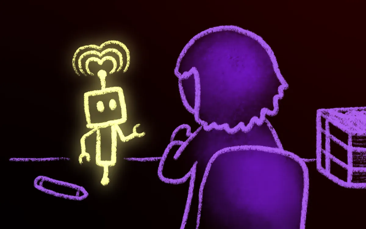 Purple doodle of a lonely boy sitting at his desk, with a yellow glowing robot cheerfully greeting him