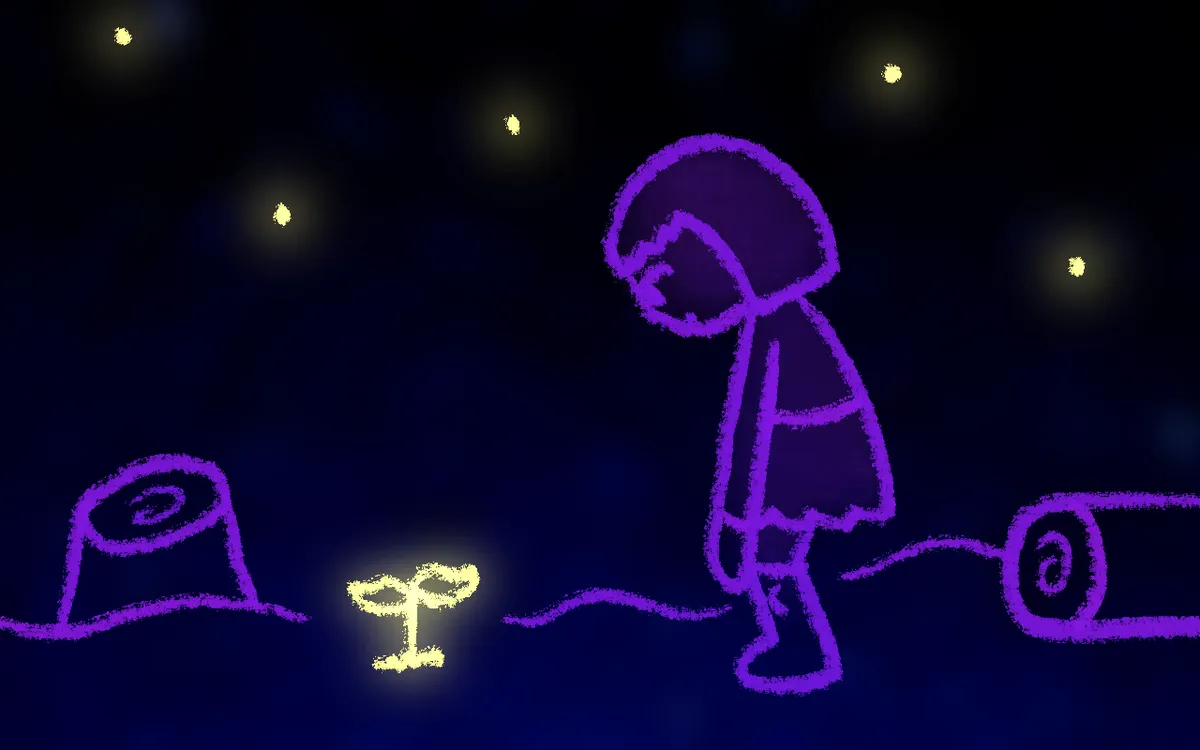 Purple doodle of a girl looking down at a glowing yellow sapling, with a fallen tree and stump in the background