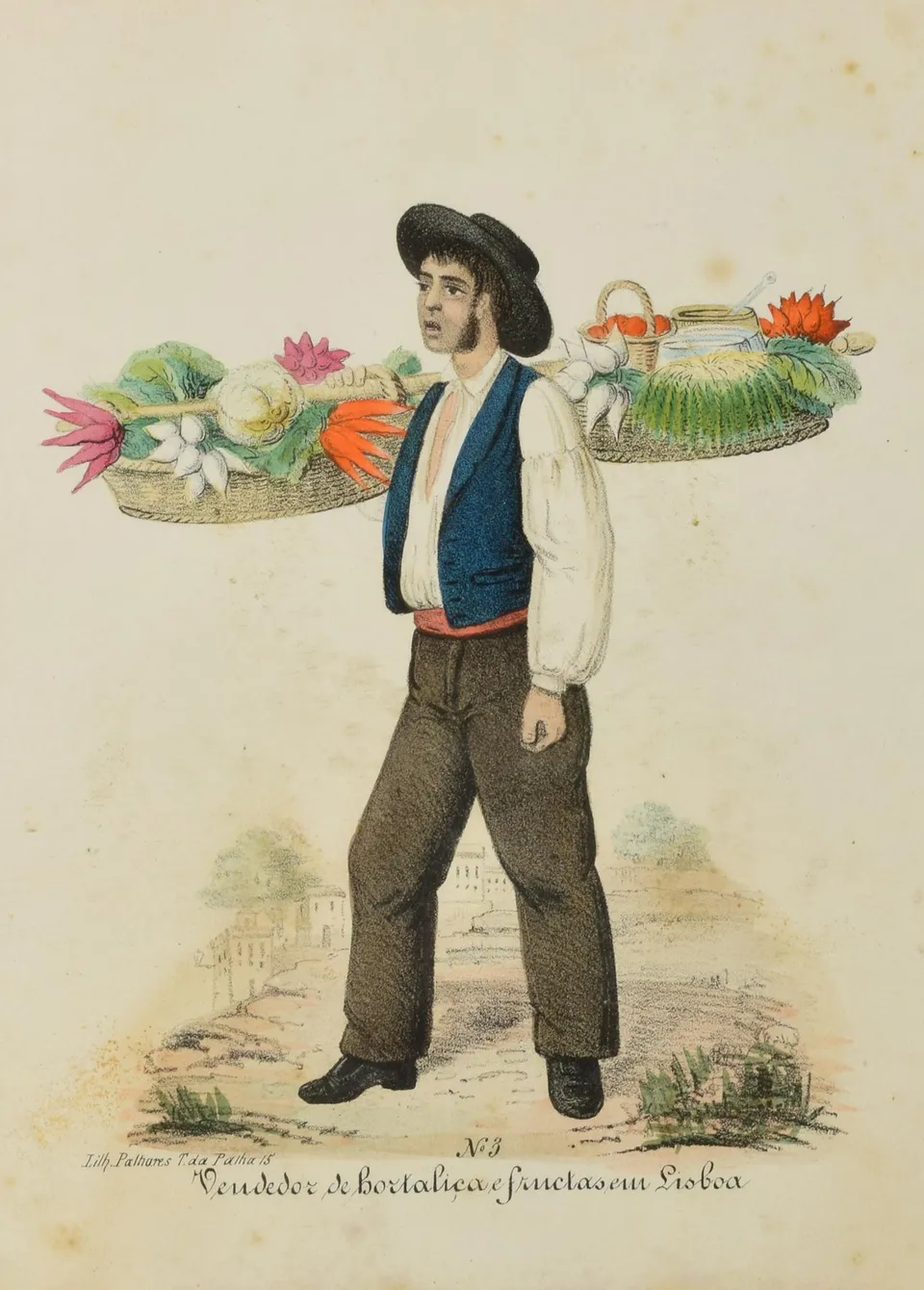 A greengrocer with a board on his shoulder carrying various fruits and vegetables