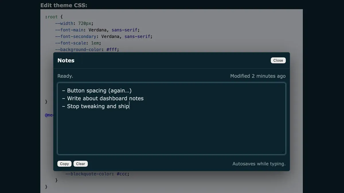 Notes modal open over the Bear Blog post editor, showing a text area with autosave status and Copy and Clear buttons