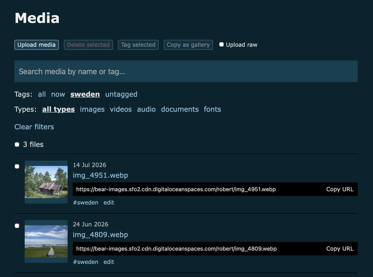 Bear Blog media page with the Tag selected and Copy as gallery buttons