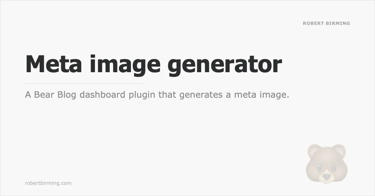 Meta image generator modal open in the Bear Blog editor, showing a live preview alongside title, blog name, tagline, domain, and emoji fields