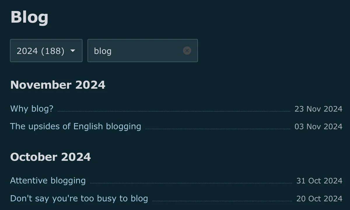 Blog archive add-on showing year dropdown, search field, and posts grouped by month