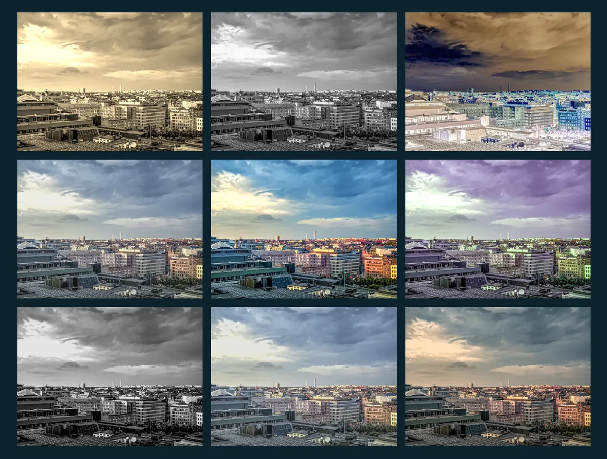 Image filters applied via URL fragment, sepia mono invert fade warm cool noir haze dusk
