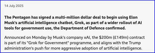Musk's Grok signs $200m deal with Pentagon days after antisemitism row Musk's Grok signs $200m deal with Pentagon days after antisemitism row