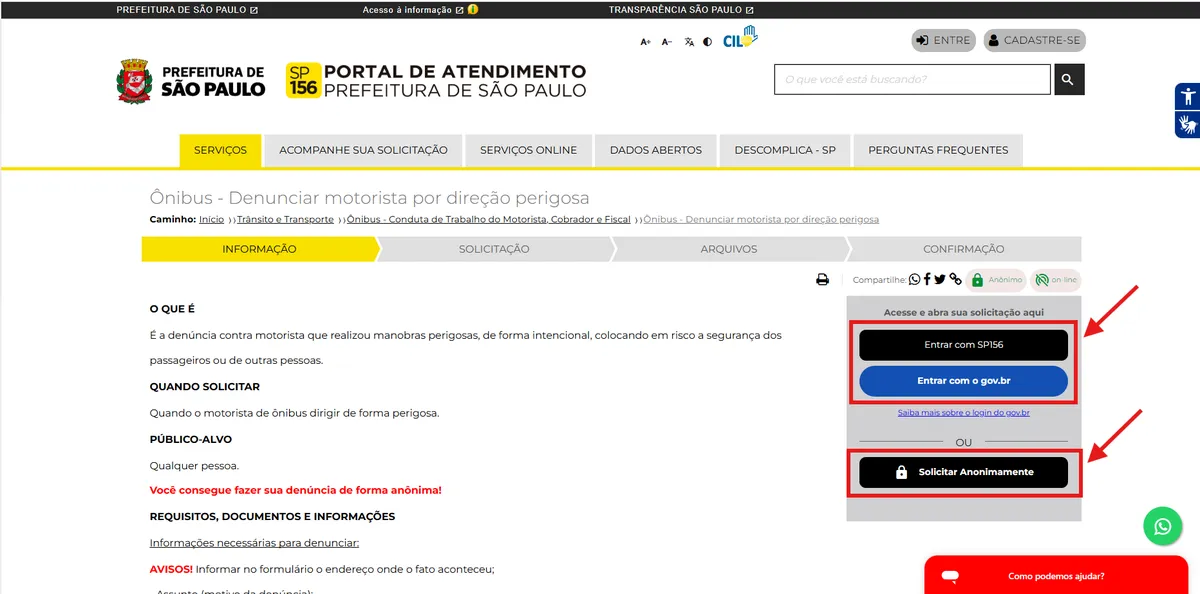 Captura de tela do portal SP 156 indicando com dois quadrados de borda vermelha e duas setas apontando para eles a opção de fazer o login ou Solicitar anonimamente.
