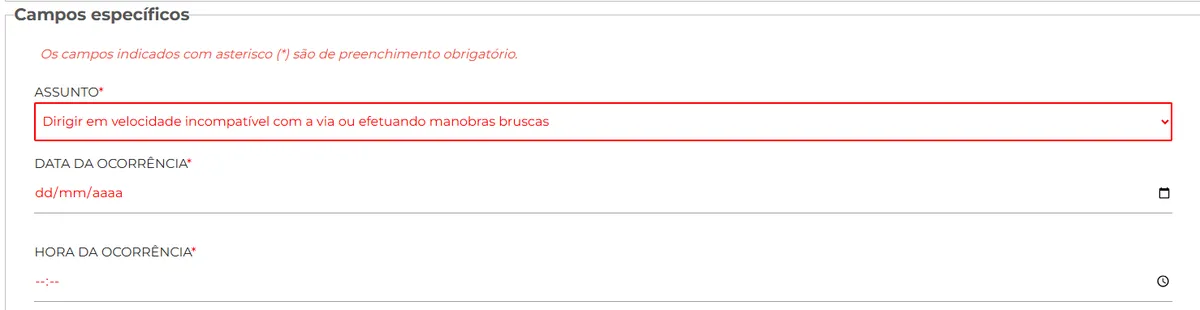 Captura de tela do portal SP156 na seção de denúncia com o campo assunto selecionado em 'Dirigir em velocidade incompatível com a via ou realizando manobras bruscas'