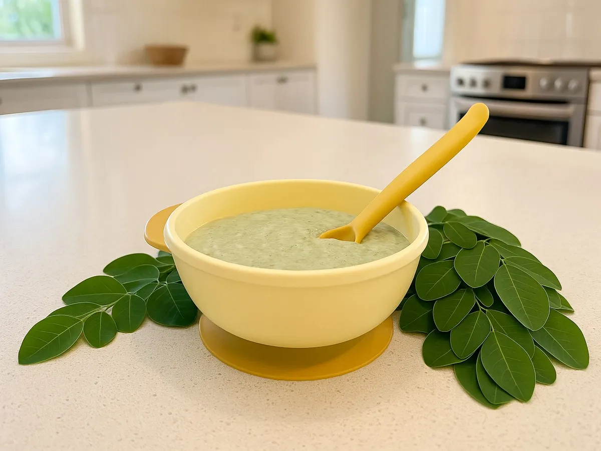 Ilustrasi bubur bayi dengan tambahan bubuk daun kelor