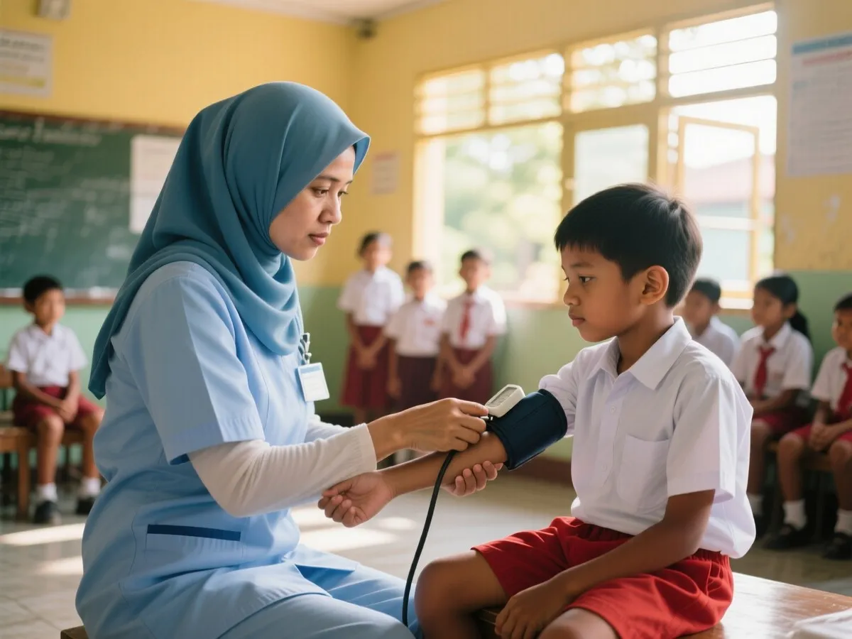 Ilustrasi ners / perawat dari Puskesmas memeriksa tekanan darah anak SD