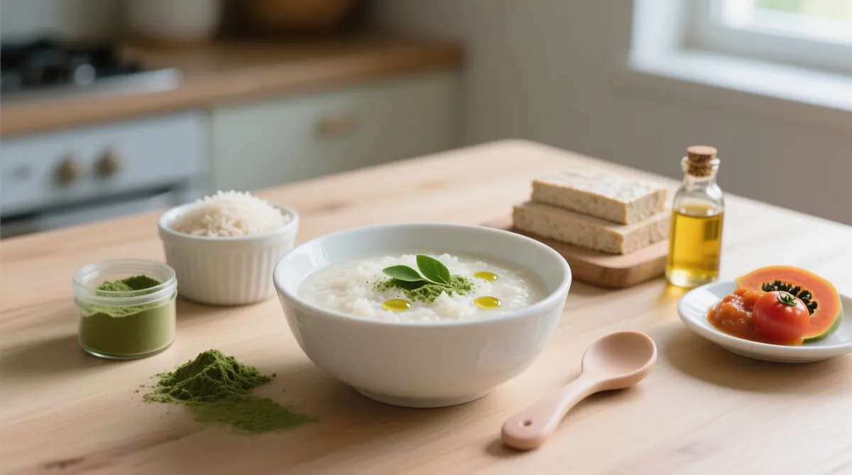 Hasil MP-ASI Bubur Beras Lembut + Kelor, di atas meja