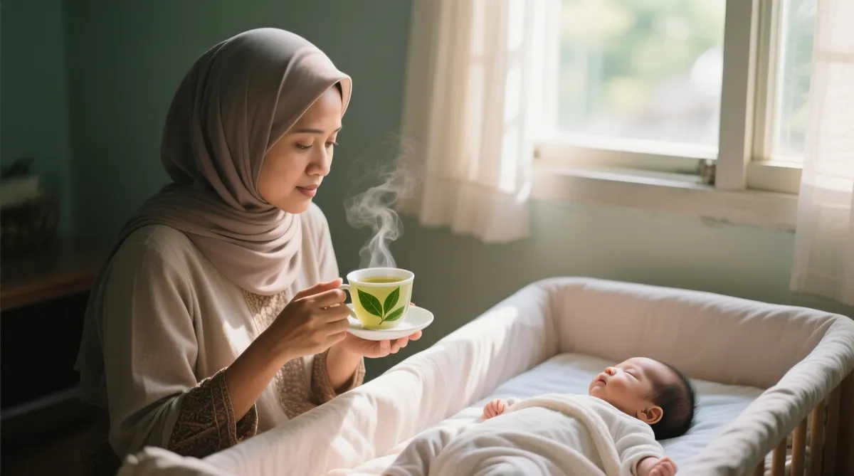 Seorang ibu sedang minum teh daun kelor di dekat bayinya