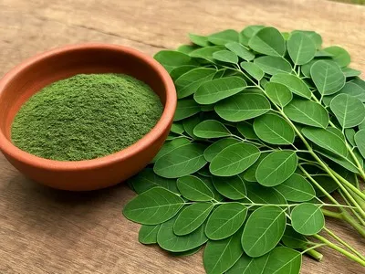 Daun kelor dan bubuk daun kelor di atas meja kayu