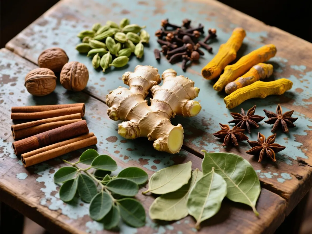 Foto rempah dan tanaman obat: kunyit, jahe, kayu manis, pala, kapulaga, daun kelor, daun salam, adas pekak, cengkeh di atas meja kayu