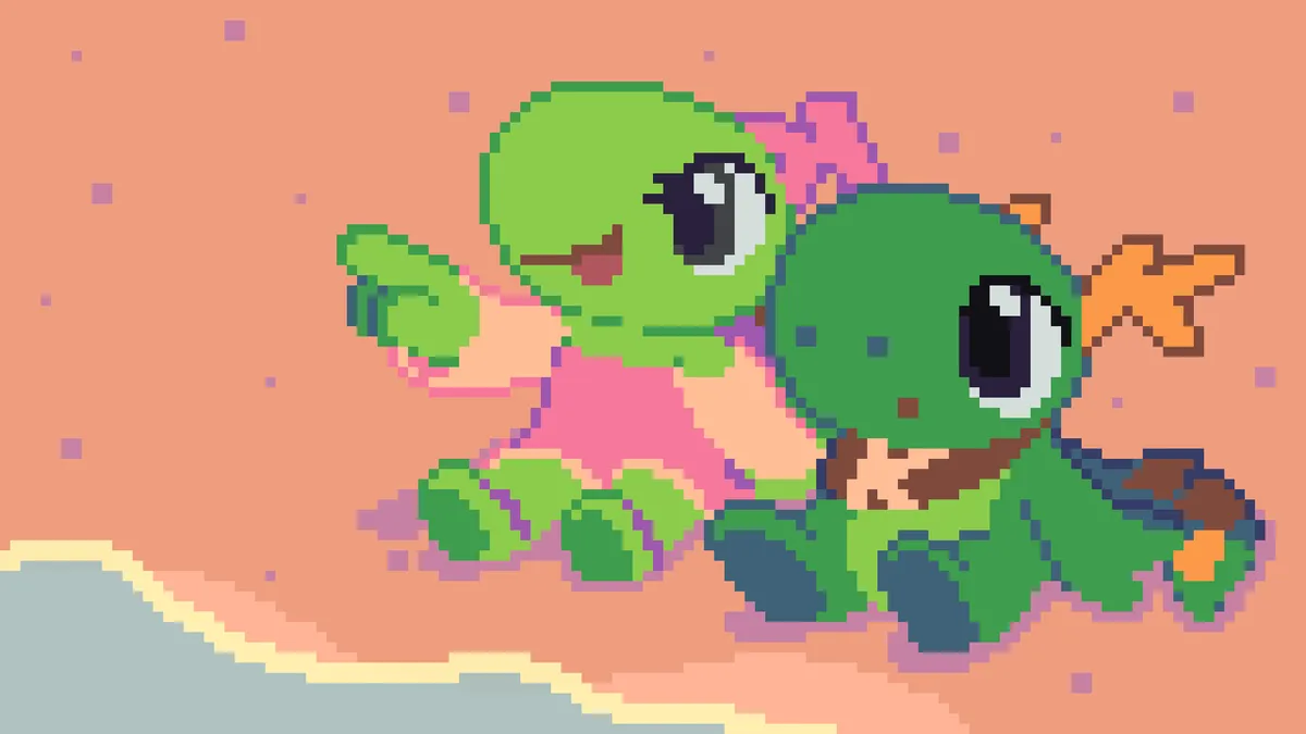 A pixel art drawing of Konqi and Katie, the KDE mascots, sitting at the beach looking out. Katie wearing her pink dress while pointing forwards and smiling, while Konqi is looking with slight surprise towards where Katie points. The wallpaper is titled Looking towards the future
