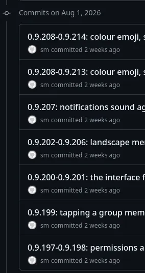 Screenshot from the github commits pages, showing 7 commit going from version 0.9.197 to 0.9.214 on August 1st