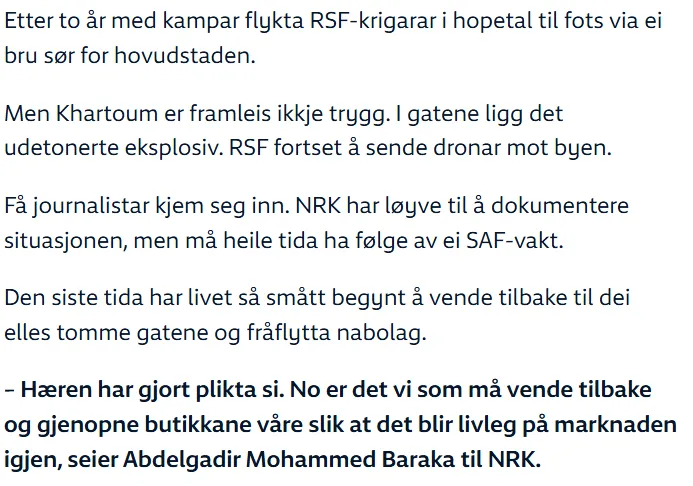 Screenshot of article about Sudan from the Norwegian Broadcaster Screenshot of an article about the situation in Sudan. There are five paragraphs, with only three containing two or more sentences.
