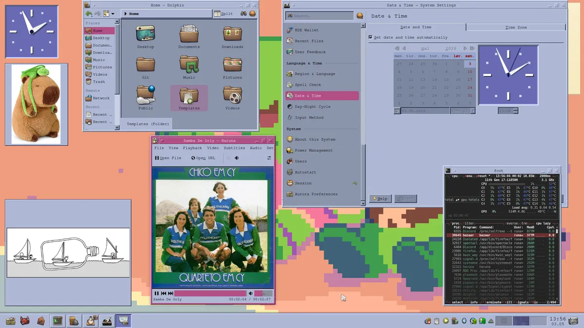 The same desktop with a settings app, file manager, and music player opened as well to showcase more of the CDE-styling