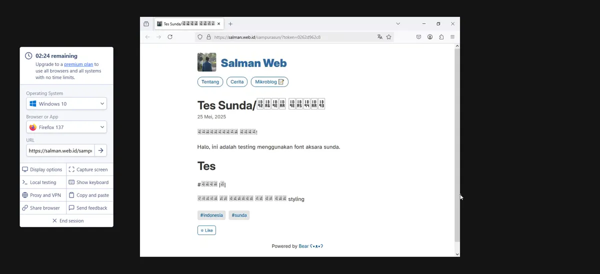 Hasil tes di Browserling, font sundanya tidak muncul