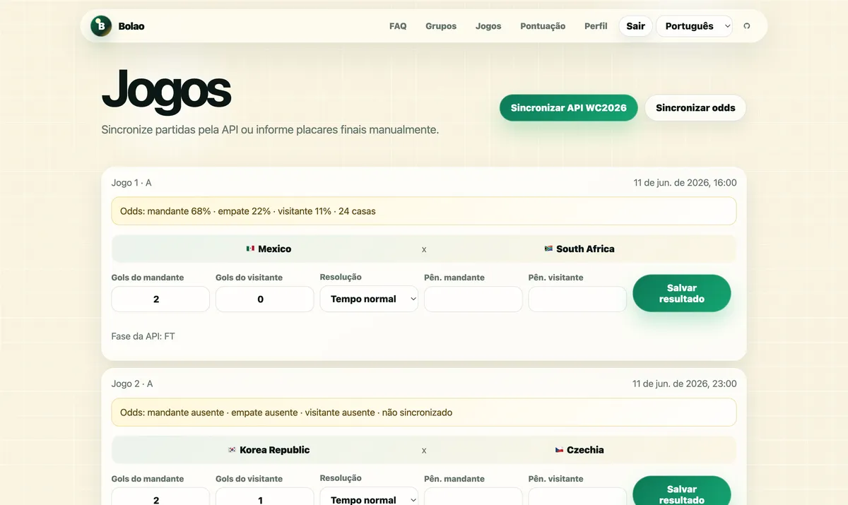 Tela do bolão com o botão Sincronizar odds