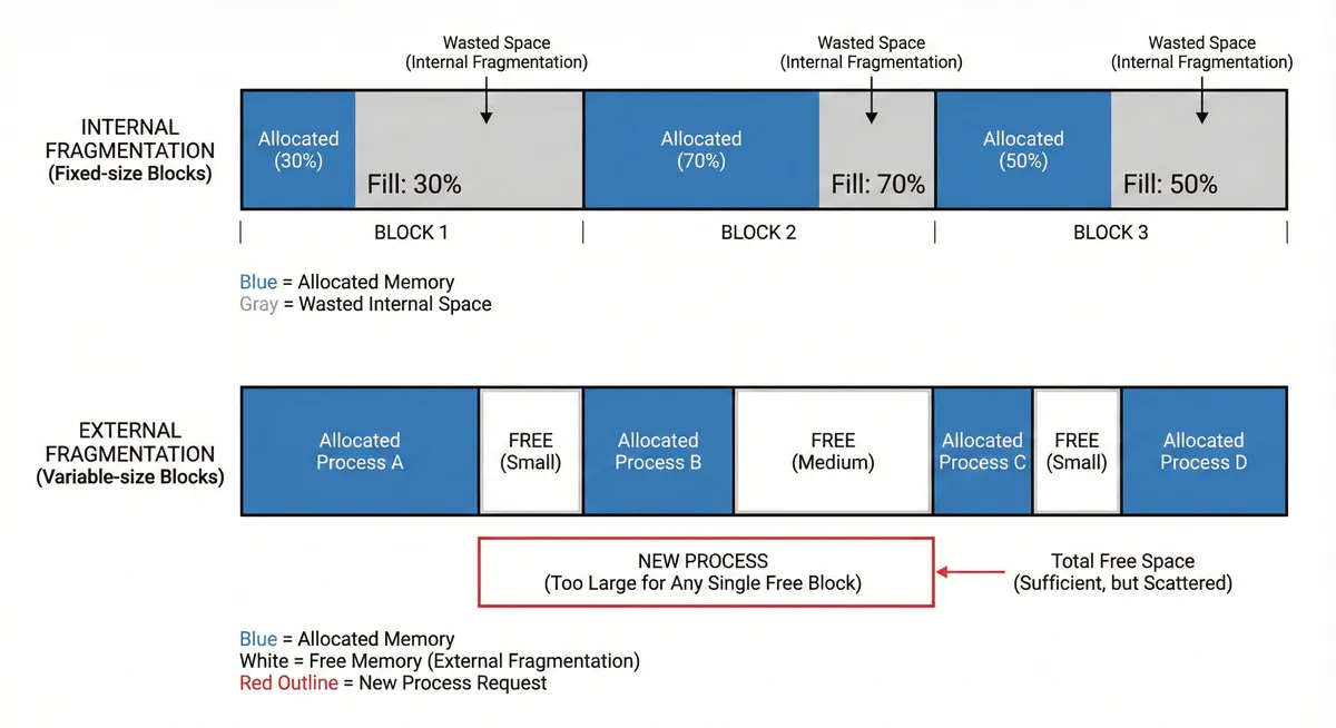 OS memory showing internal fragmentation (unused space within blocks) and external fragmentation (scattered free blocks)