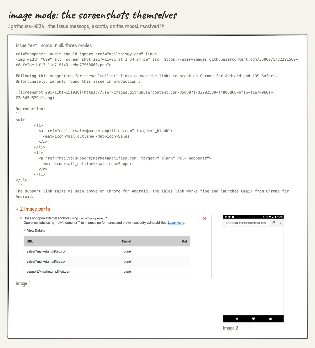 lighthouse-4036 issue message in image mode: the issue text followed by the two screenshots