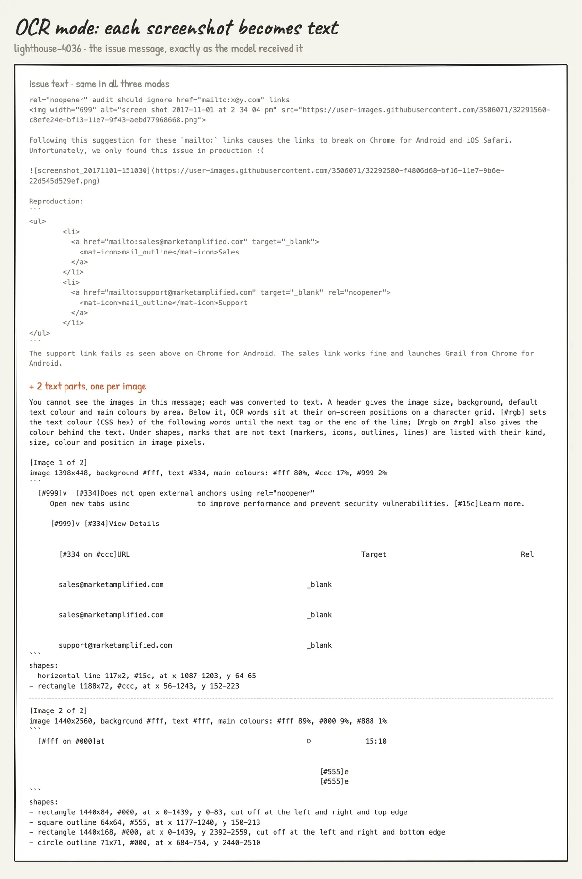 lighthouse-4036 issue message in OCR mode: the issue text followed by the OCR text of each screenshot