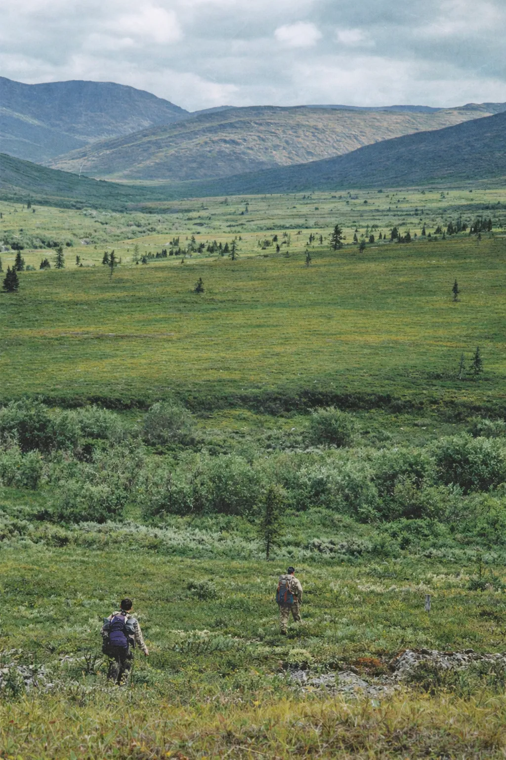 Hikers crossing the Ural mountains with heavy backpacks