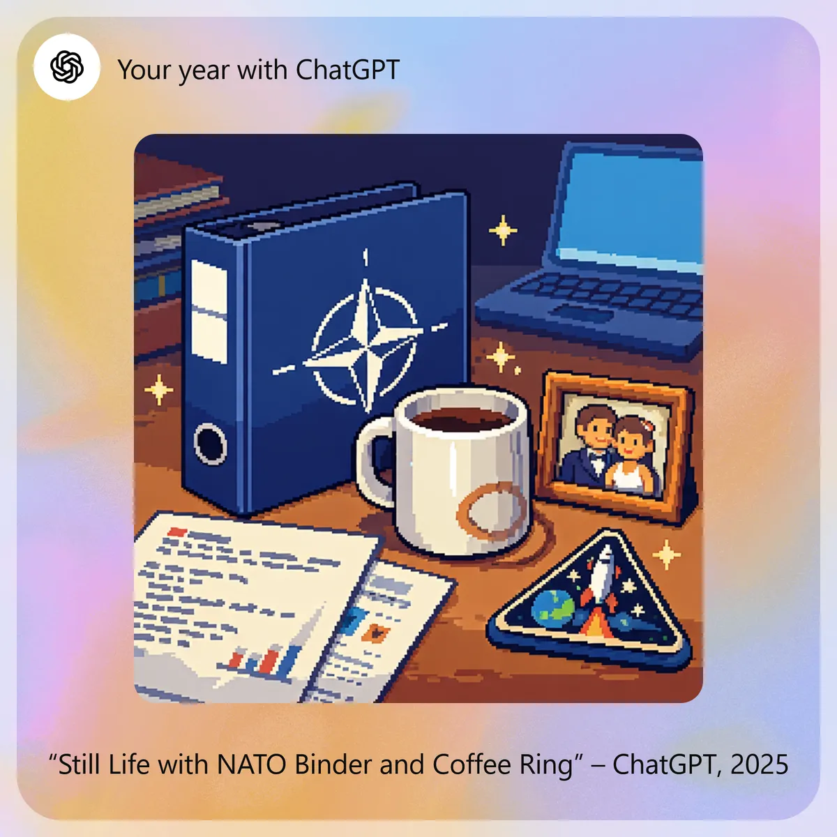 “Still Life with NATO Binder and Coffee Ring” – ChatGPT, 2025
