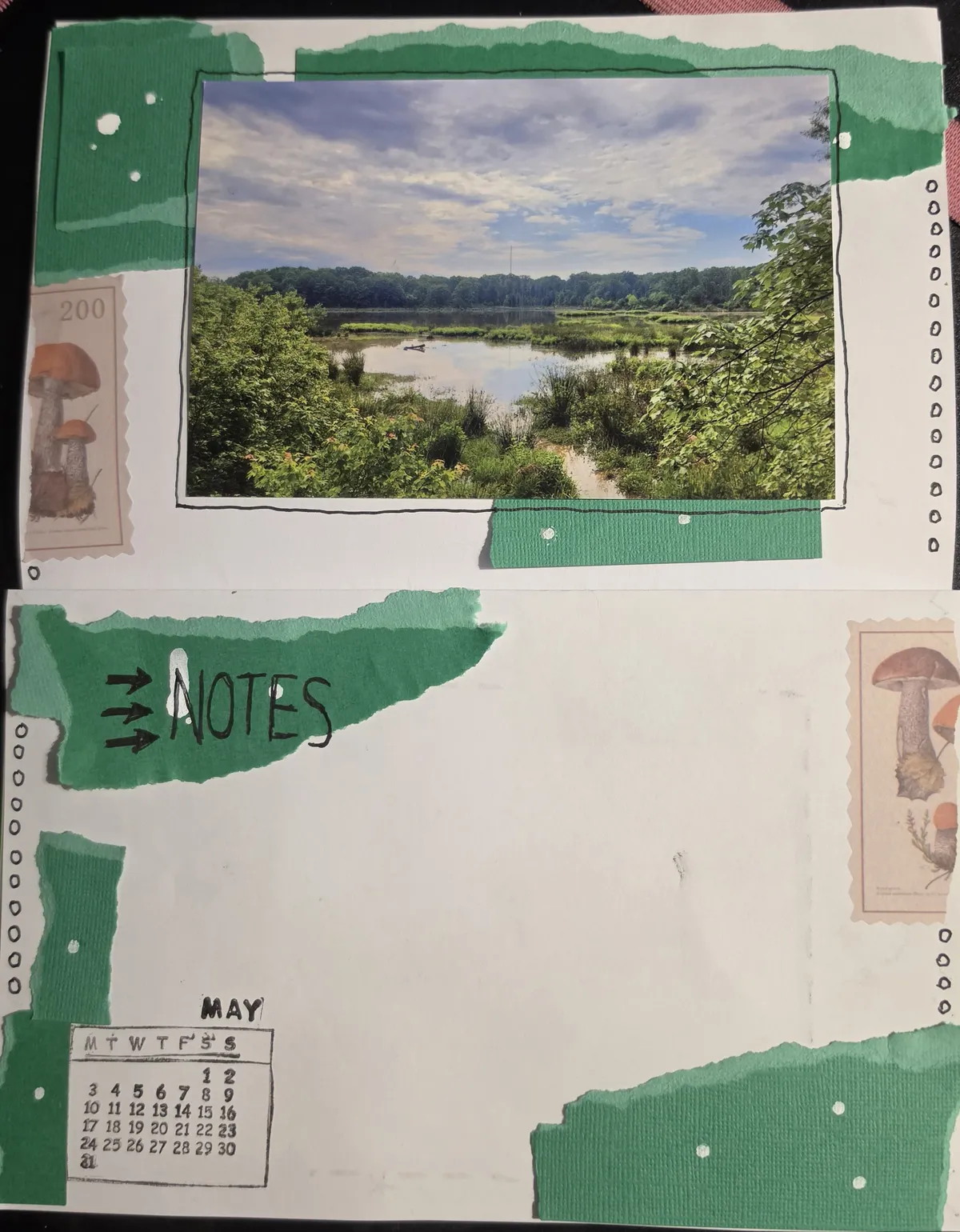 May scrapbook calendar Page with an area for notes and an image of a lake
