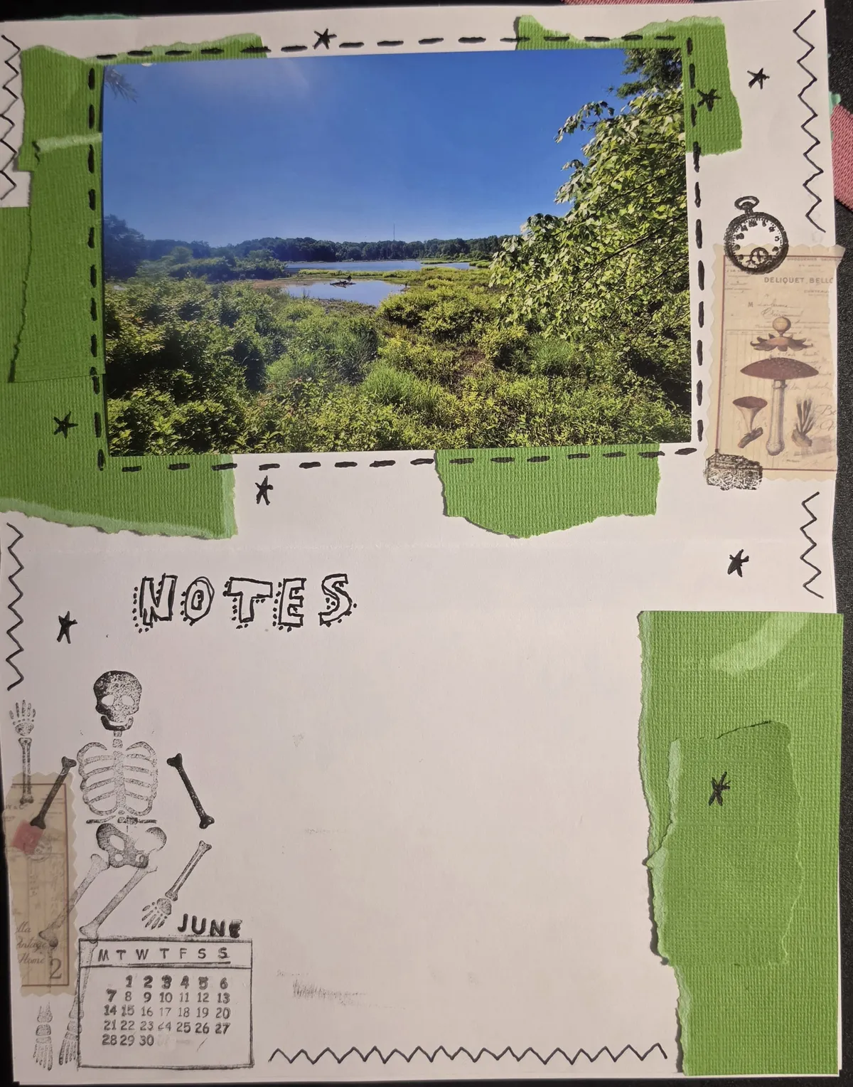 June scrapbook calendar Page with an area for notes and an image of a lake