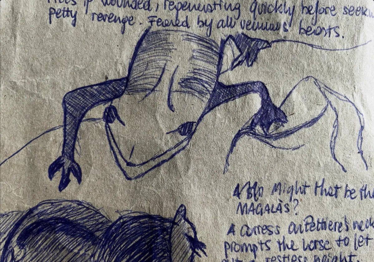 a mighty newt descends viciously on a fallen man