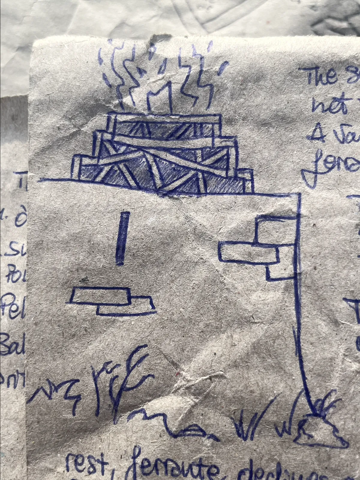 a sketch of a fortified beacon with a pyre and a fire at the top