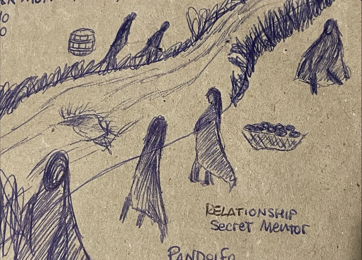 sketch of six figures close to the river banks