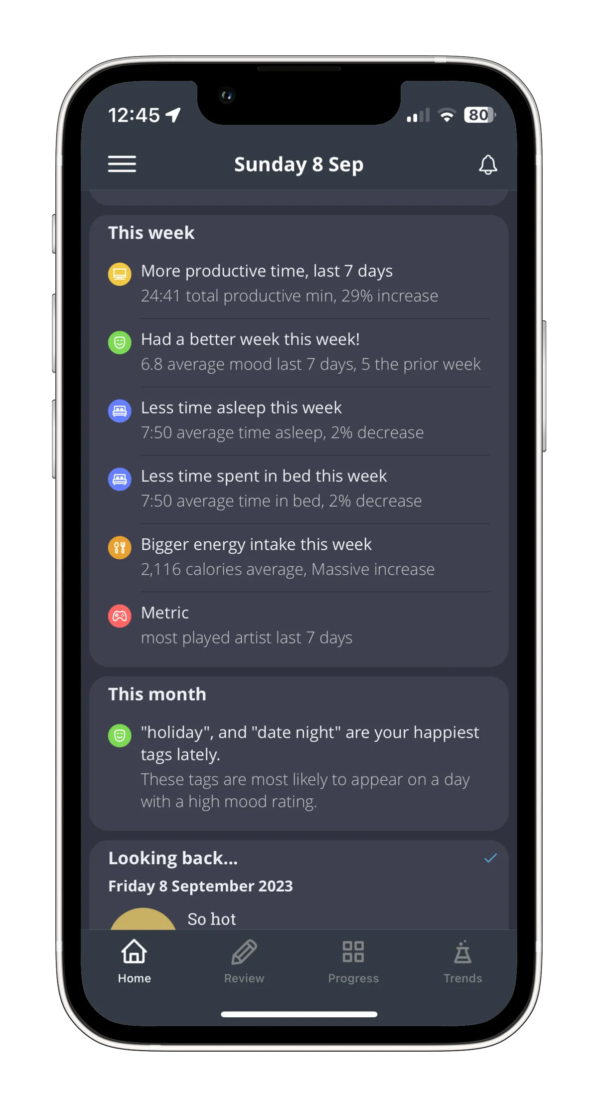 Screnshot Exist's Mobile App showing summary for Sun 9th September