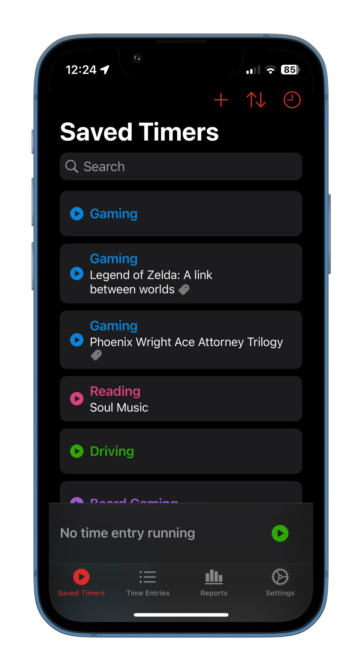 Screnshot of Timery showing preset widgets to use to log time in projects such as Reading or Gaming