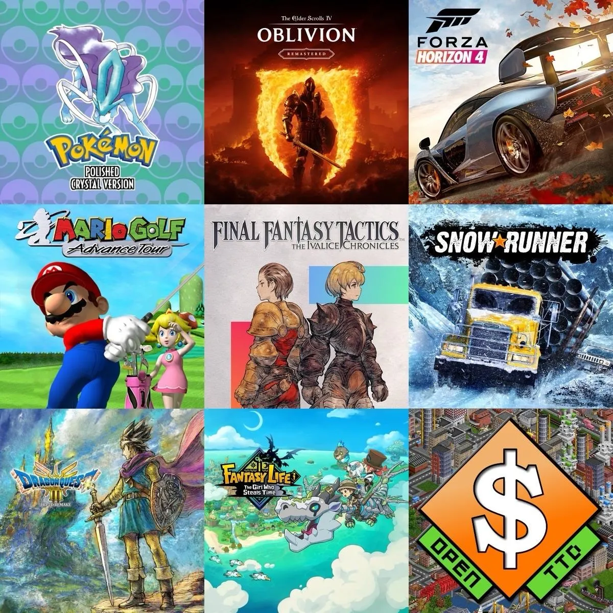 A 3x3 collage of video game cover art featuring diverse genres. Top row: Pokémon Polished Crystal with Suicune on a purple background, Oblivion Remastered with a fiery portal, and Forza Horizon 4 with a speeding sports car and autumn leaves. Middle row: Mario Golf Advance Tour with Mario and Peach golfing, Final Fantasy Tactics with armored characters, and SnowRunner with a yellow truck in snowy terrain. Bottom row: Dragon Quest III HD-2D with a sword-wielding hero, Fantasy Life with flying characters over an island, and OpenTTD with a dollar sign over a cityscape. A 3x3 collage of video game cover art featuring diverse genres. Top row: Pokémon Polished Crystal with Suicune on a purple background, Oblivion Remastered with a fiery portal, and Forza Horizon 4 with a speeding sports car and autumn leaves. Middle row: Mario Golf Advance Tour with Mario and Peach golfing, Final Fantasy Tactics with armored characters, and SnowRunner with a yellow truck in snowy terrain. Bottom row: Dragon Quest III HD-2D with a sword-wielding hero, Fantasy Life with flying characters over an island, and OpenTTD with a dollar sign over a cityscape.