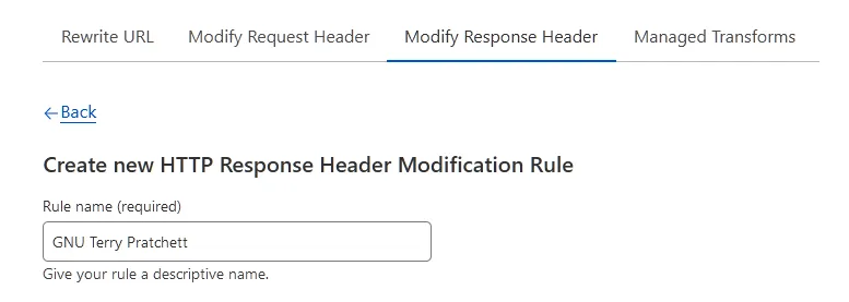 Creating a new Response Header Rule