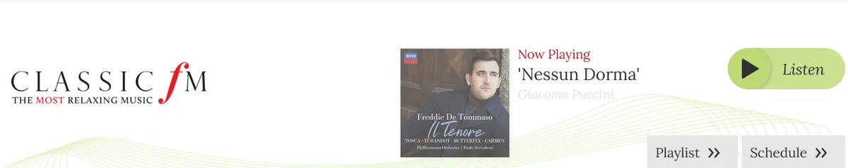 Screenshot of the header of Classic FM's website