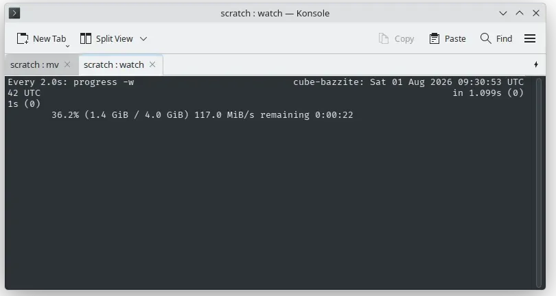 Screenshot of watch/progress monitoring a long running mv process showing an mv transfer at 36.2 percent, 1.4 of 4.0 GiB moved