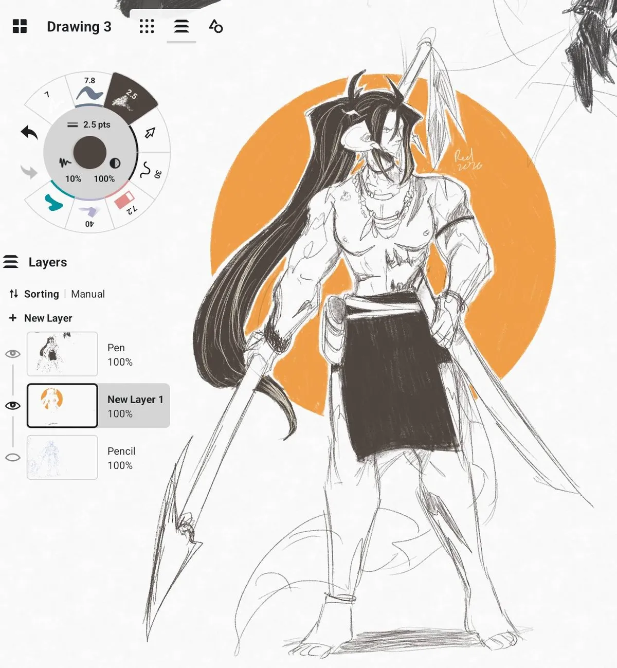 drawing of one of my OCs Shiro in a more archaic version of the Kelabit traditional garments, typically worn by men