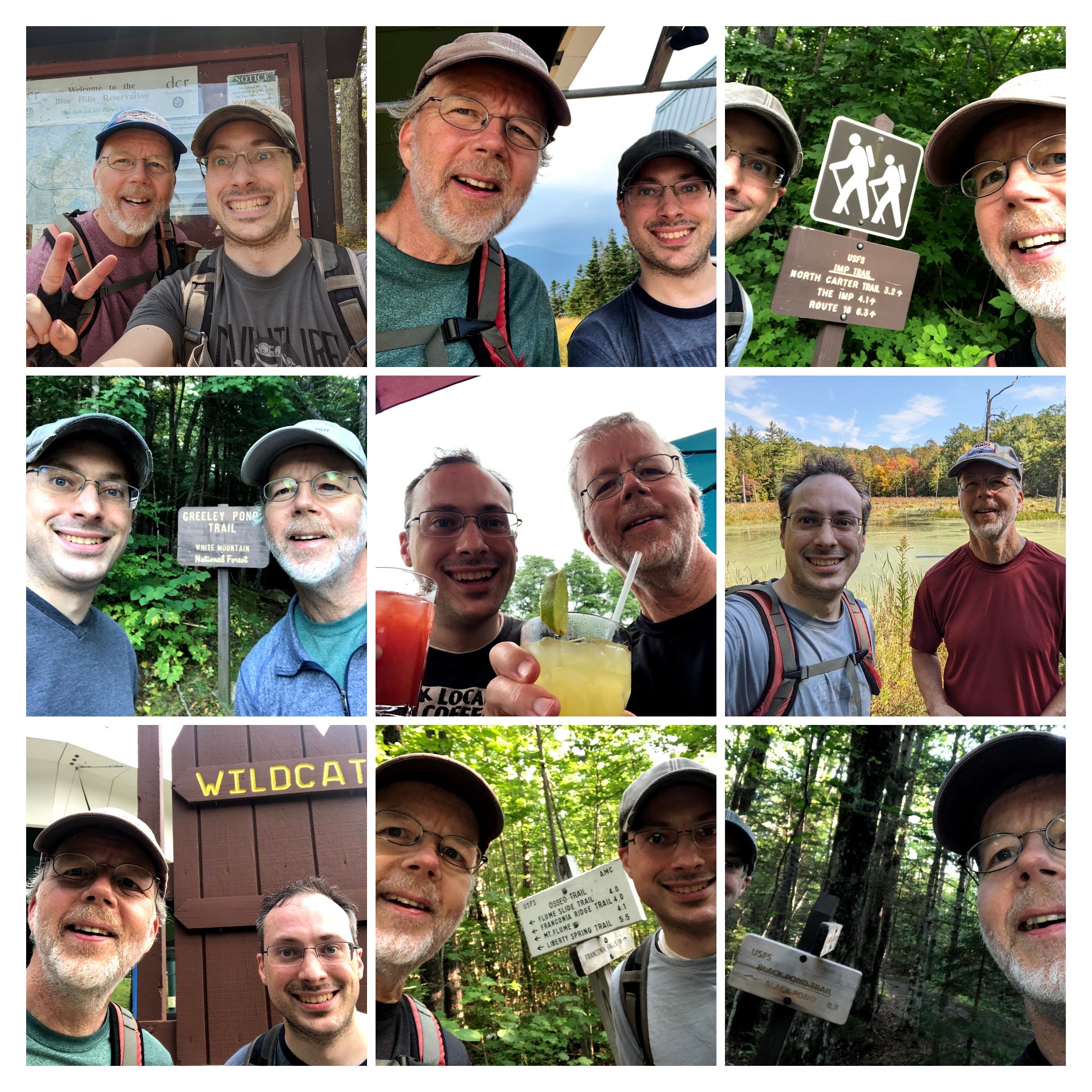 A 9x9 collage of two hikers over several years. Often posing in front of trail markings, but the middle one is sharing margaritas and looking tired but happy.
