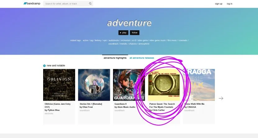 A screenshot of Bandcamp. Under "Adventure", Patron Quest: The Search For The Mystic Fountain is the fourth most played album in New and Notable