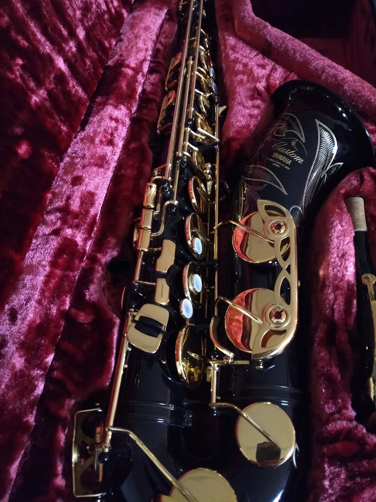 A saxophone with a black body and gold keys, resting in its case