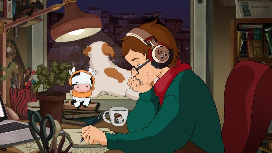 Chris Carlier in the style of Lofi Girl, writing at a desk, with headphones on, a lamp overhead and a dog looking out the window