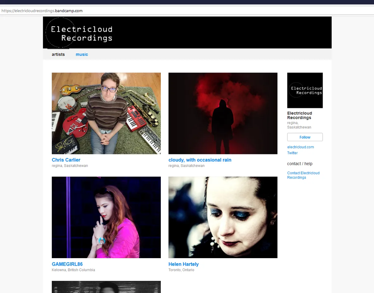 Screenshot of Electricloud Recordings' Bandcamp page