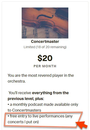 A screenshot of a Patreon tier called Concertmaster, where patrons get free entry to live performances