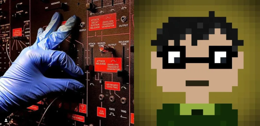 Two images, side-by-side. The left is a latex-gloved hand adjusting a fader on a synthesizer, the right is an 8-bit style cartoon representation of Chris Carlier