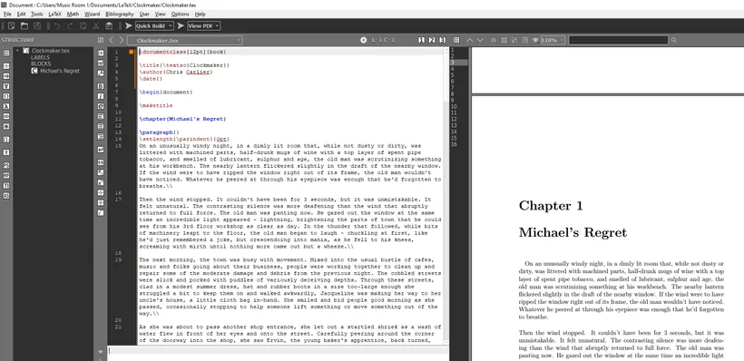 A screenahot of Michael's Regret by Chris Carlier being edited in LaTex