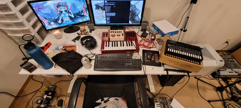 Top down view of home studio desk